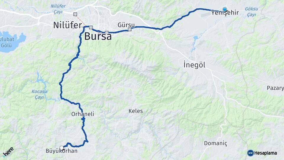 Bursa Yenişehir Büyükorhan Arası Kaç Km - Yol Haritası