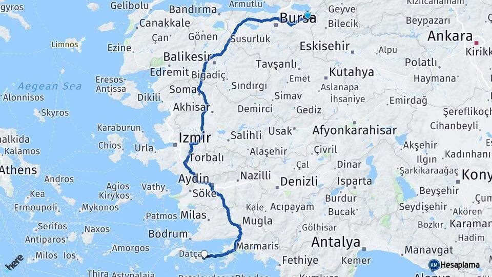 Bursa Yenişehir Datça Muğla Arası Kaç Km - Yol Haritası
