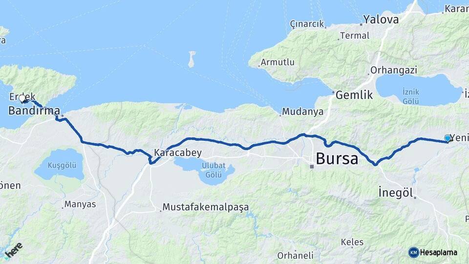 Bursa Yenişehir Erdek Balıkesir Arası Kaç Km - Yol Haritası