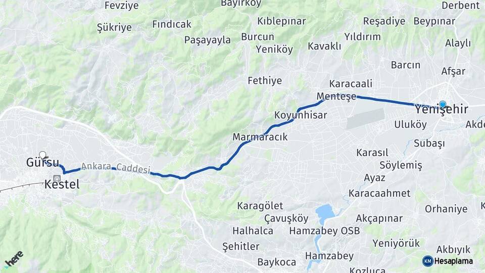 Bursa Yenişehir Gürsu Arası Kaç Km - Yol Haritası