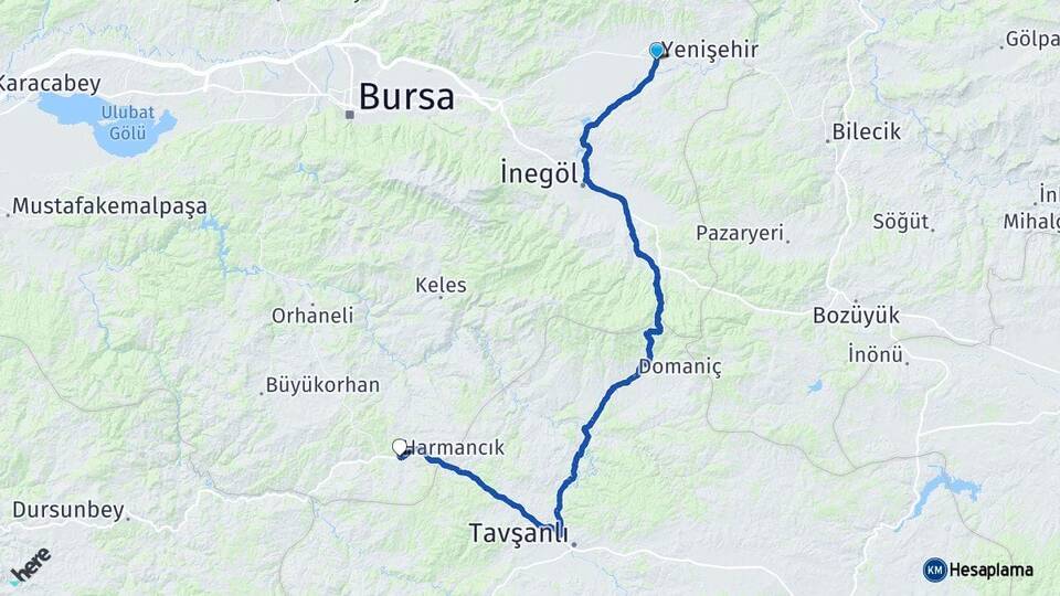 Bursa Yenişehir Harmancık Arası Kaç Km - Yol Haritası