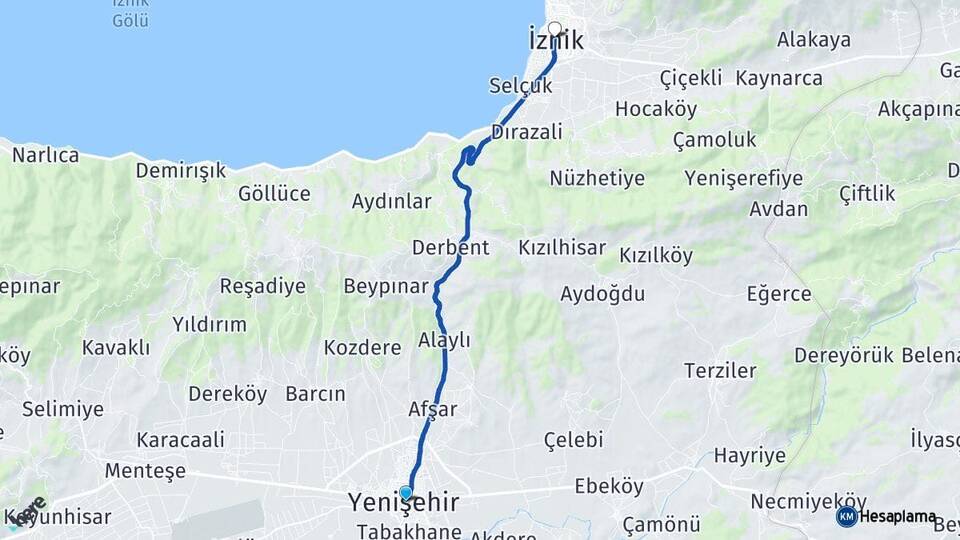 Bursa Yenişehir İznik Arası Kaç Km - Yol Haritası