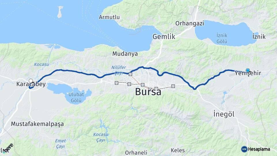 Bursa Yenişehir Karacabey Arası Kaç Km - Yol Haritası