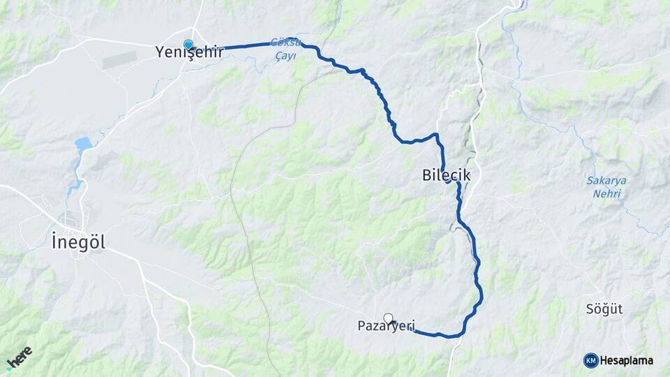 Bursa Yenişehir Pazaryeri Bilecik Arası Kaç Km - Yol Haritası