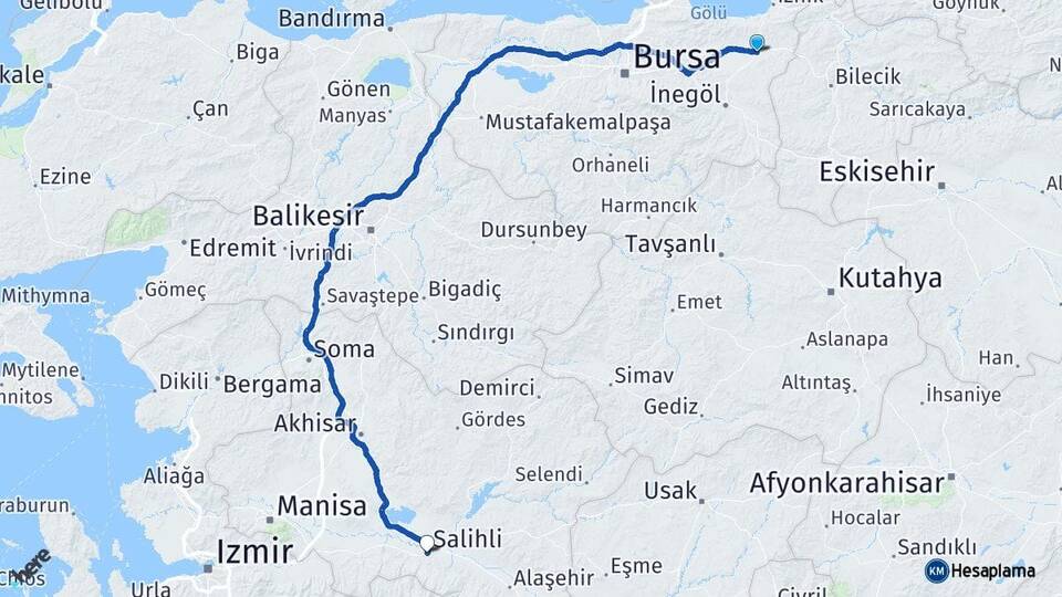 Bursa Yenişehir Salihli Manisa Arası Kaç Km - Yol Haritası