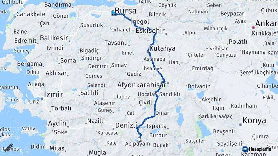 Bursa Yeşilova Burdur Arası Kaç Km - Yol Haritası