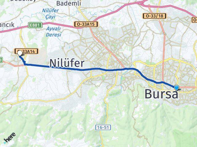 Bursa Yıldırım Görükle Nilüfer Arası Kaç Km - Yol Haritası