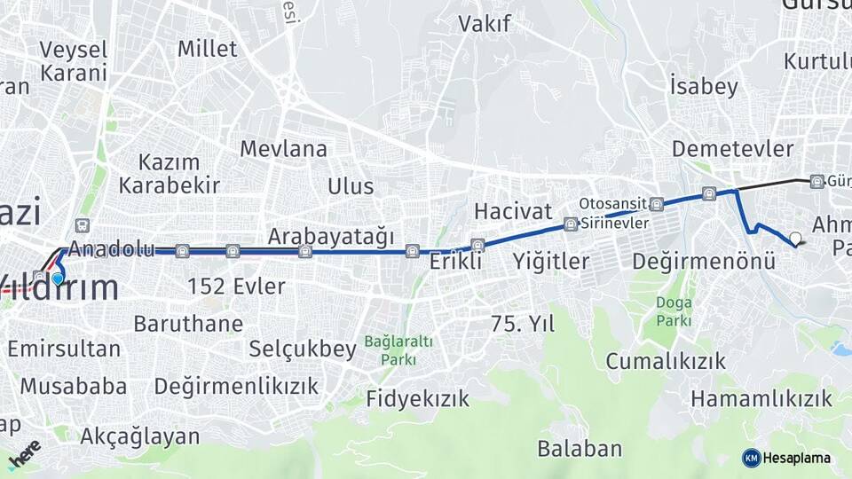 Bursa Yıldırım Karapınar Yıldırım Arası Kaç Km - Yol Haritası