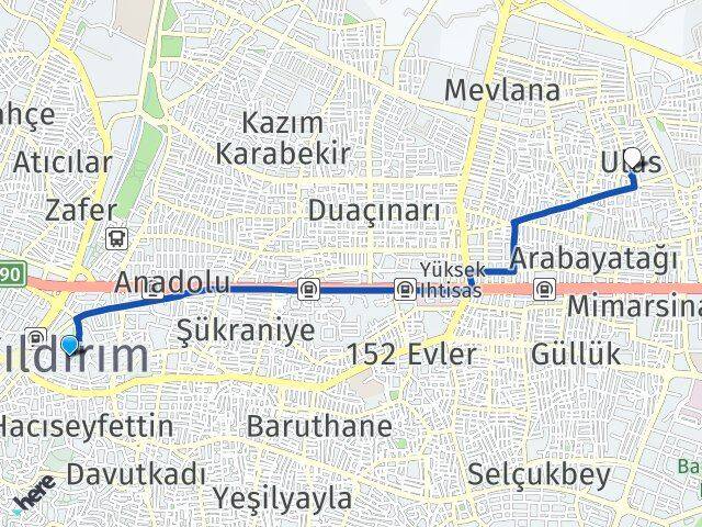Bursa Yıldırım Ulus Yıldırım Arası Kaç Km - Yol Haritası
