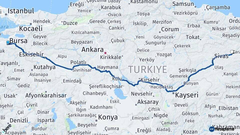 Bursa Zara Sivas Arası Kaç Km - Yol Haritası