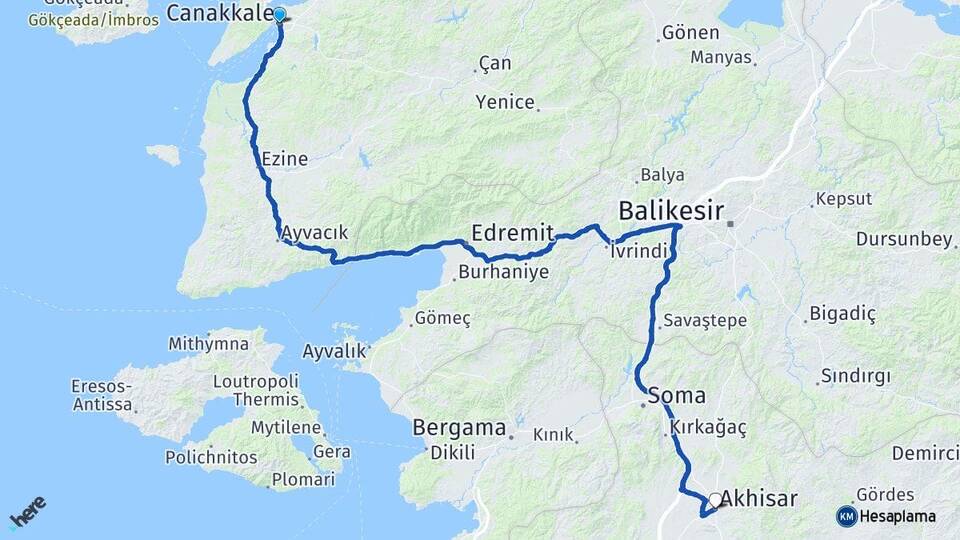Çanakkale Akhisar Manisa Arası Kaç Km - Yol Haritası