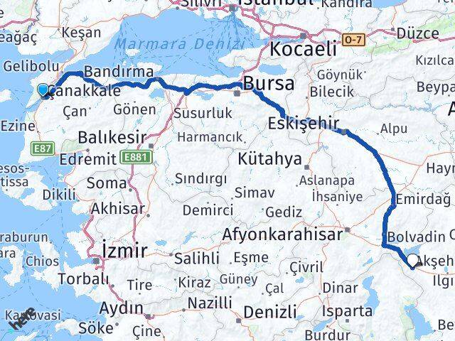 Çanakkale Akşehir Konya Arası Kaç Km - Yol Haritası