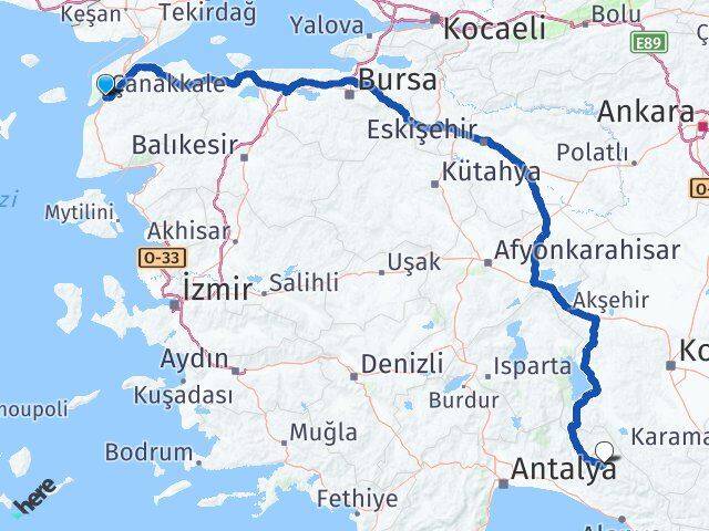 Çanakkale Akseki Antalya Arası Kaç Km - Yol Haritası