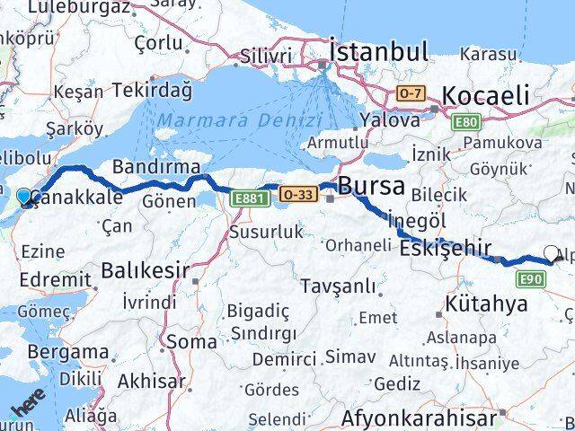Çanakkale Alpu Eskişehir Arası Kaç Km - Yol Haritası