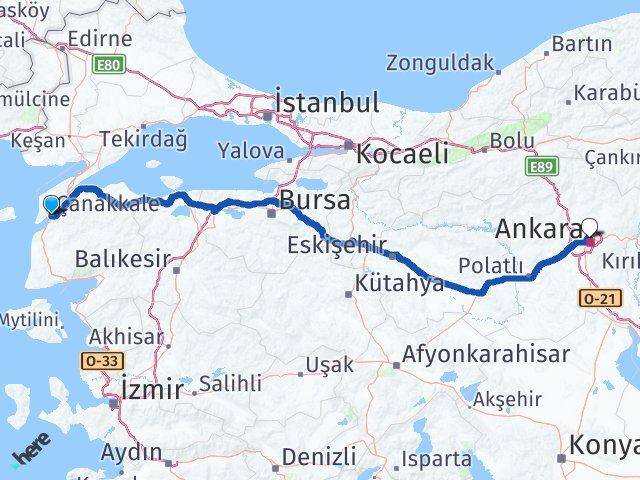 Çanakkale Altındağ Ankara Arası Kaç Km - Yol Haritası