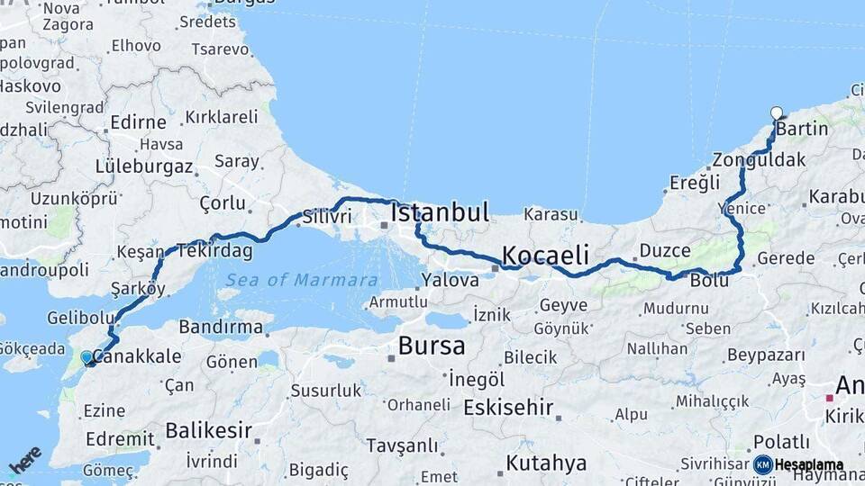 Çanakkale Amasra Bartın Arası Kaç Km - Yol Haritası