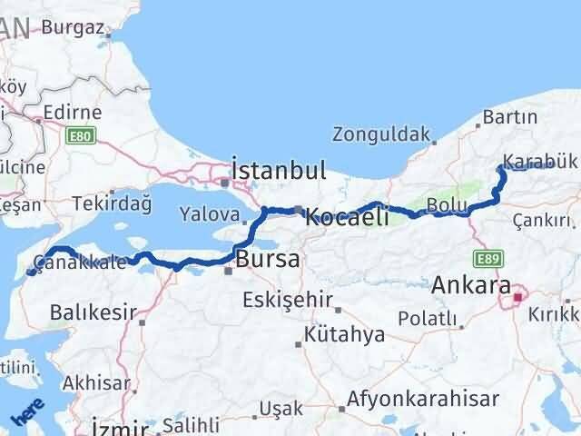 Çanakkale Araç Kastamonu Arası Kaç Km - Yol Haritası