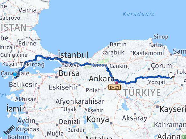 Çanakkale Artova Tokat Arası Kaç Km - Yol Haritası