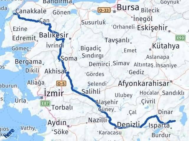 Çanakkale Atabey Isparta Arası Kaç Km - Yol Haritası