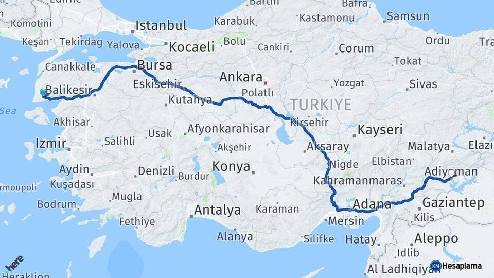 Çanakkale Ayvacık Adıyaman Arası Kaç Km - Yol Haritası