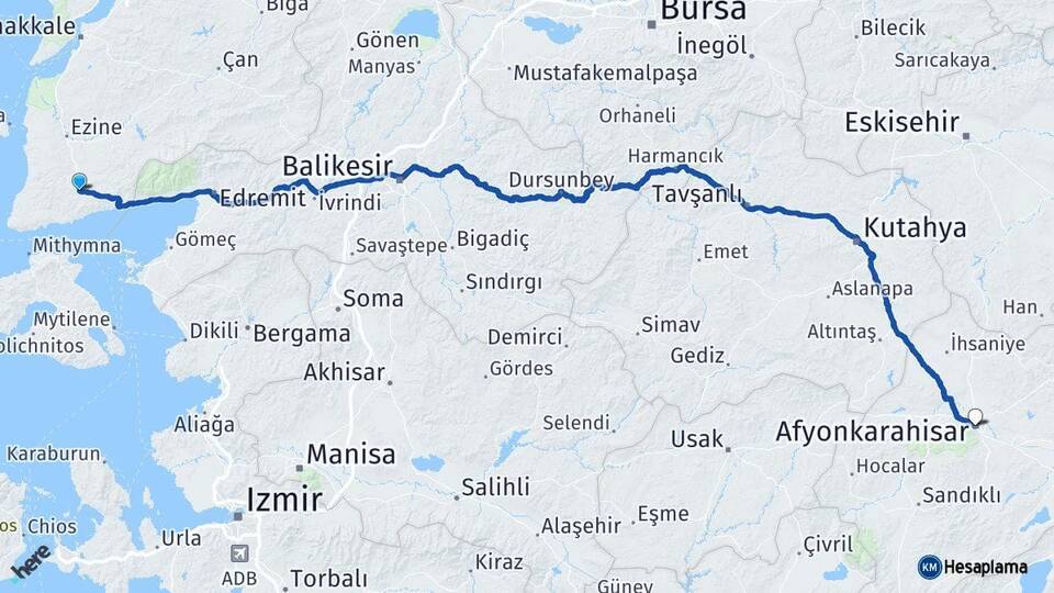 Çanakkale Ayvacık Afyonkarahisar Arası Kaç Km - Yol Haritası