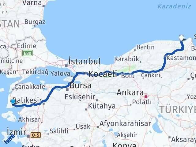 Çanakkale Ayvacık Ayancık Sinop Arası Kaç Km - Yol Haritası