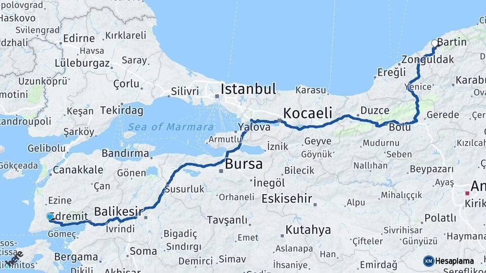 Çanakkale Ayvacık Bartın Arası Kaç Km - Yol Haritası