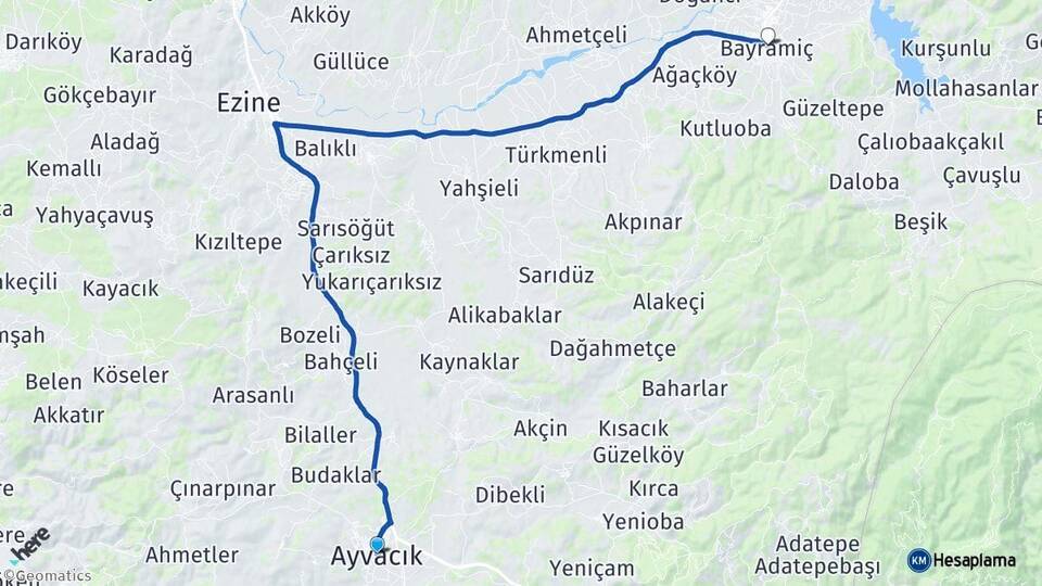 Çanakkale Ayvacık Bayramiç Arası Kaç Km - Yol Haritası