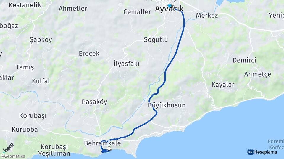 Çanakkale Ayvacık Behram Ayvacık Arası Kaç Km - Yol Haritası
