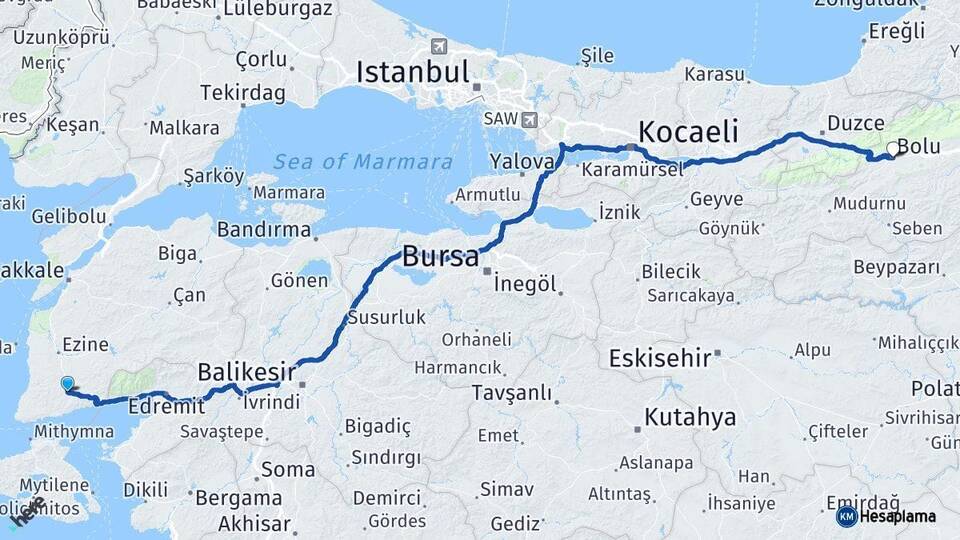 Çanakkale Ayvacık Bolu Arası Kaç Km - Yol Haritası
