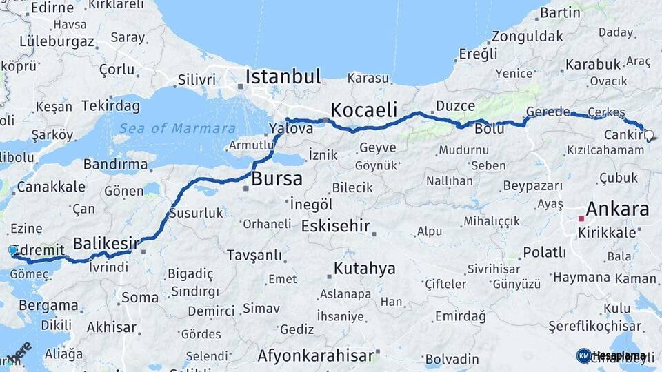 Çanakkale Ayvacık Çankırı Arası Kaç Km - Yol Haritası