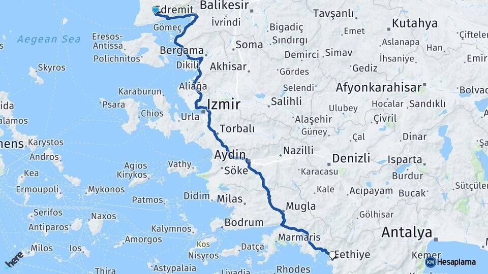 Çanakkale Ayvacık Fethiye Muğla Arası Kaç Km - Yol Haritası