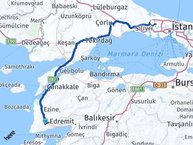 Çanakkale Ayvacık Hadımköy Arnavutköy İstanbul Arası Kaç Km - Yol Haritası