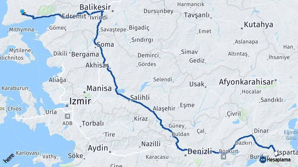 Çanakkale Ayvacık Isparta Arası Kaç Km - Yol Haritası
