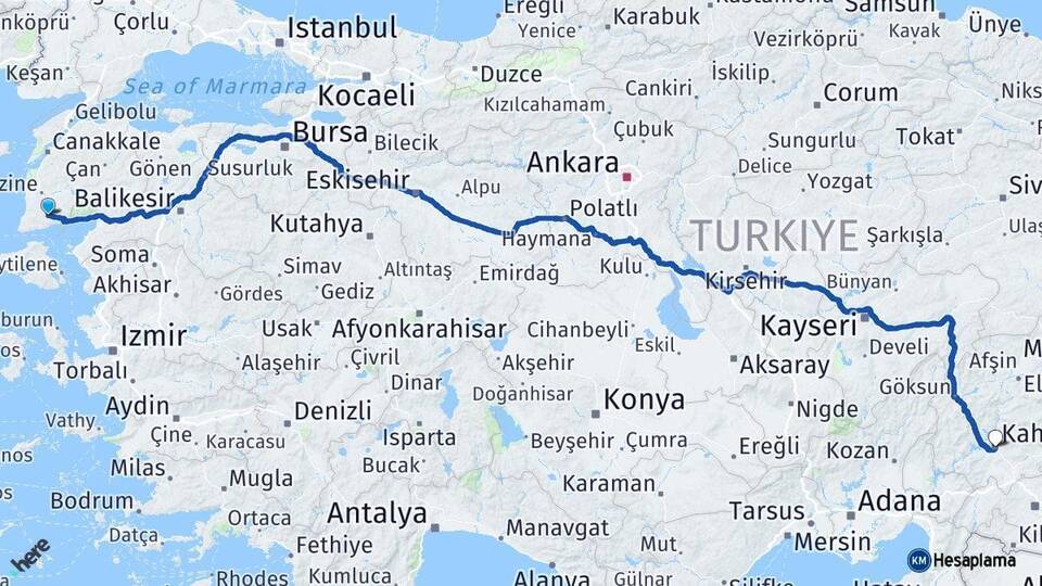 Çanakkale Ayvacık Kahramanmaraş Arası Kaç Km - Yol Haritası