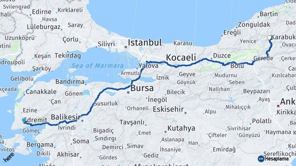Çanakkale Ayvacık Karabük Arası Kaç Km - Yol Haritası