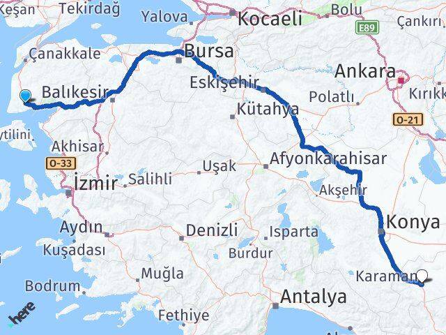 Çanakkale Ayvacık Karaman Arası Kaç Km - Yol Haritası