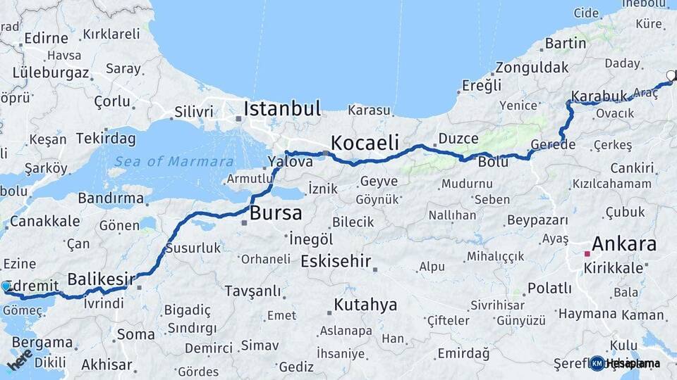 Çanakkale Ayvacık Kastamonu Arası Kaç Km - Yol Haritası