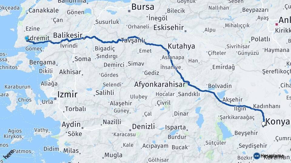Çanakkale Ayvacık Konya Arası Kaç Km - Yol Haritası