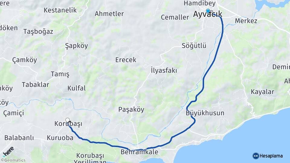 Çanakkale Ayvacık Korubaşı Ayvacık Arası Kaç Km - Yol Haritası