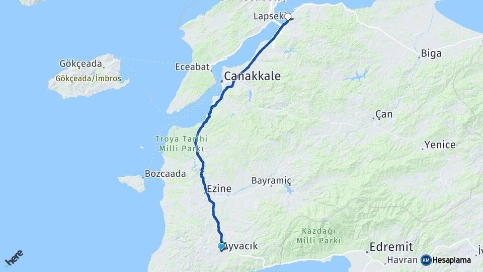 Çanakkale Ayvacık Lapseki Arası Kaç Km - Yol Haritası