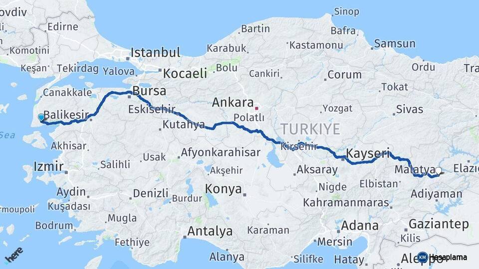 Çanakkale Ayvacık Malatya Arası Kaç Km - Yol Haritası