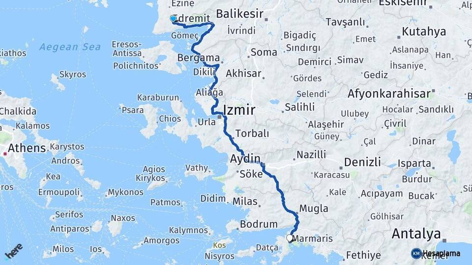 Çanakkale Ayvacık Marmaris Muğla Arası Kaç Km - Yol Haritası