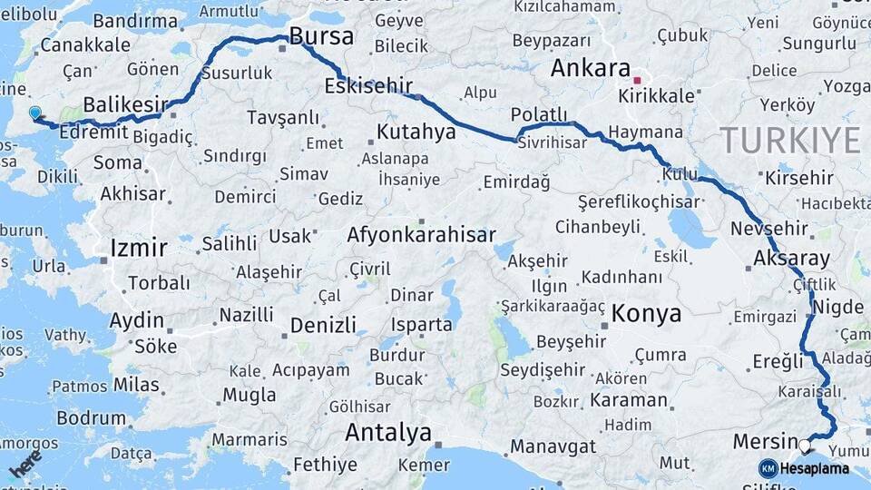 Çanakkale Ayvacık Mersin Arası Kaç Km - Yol Haritası