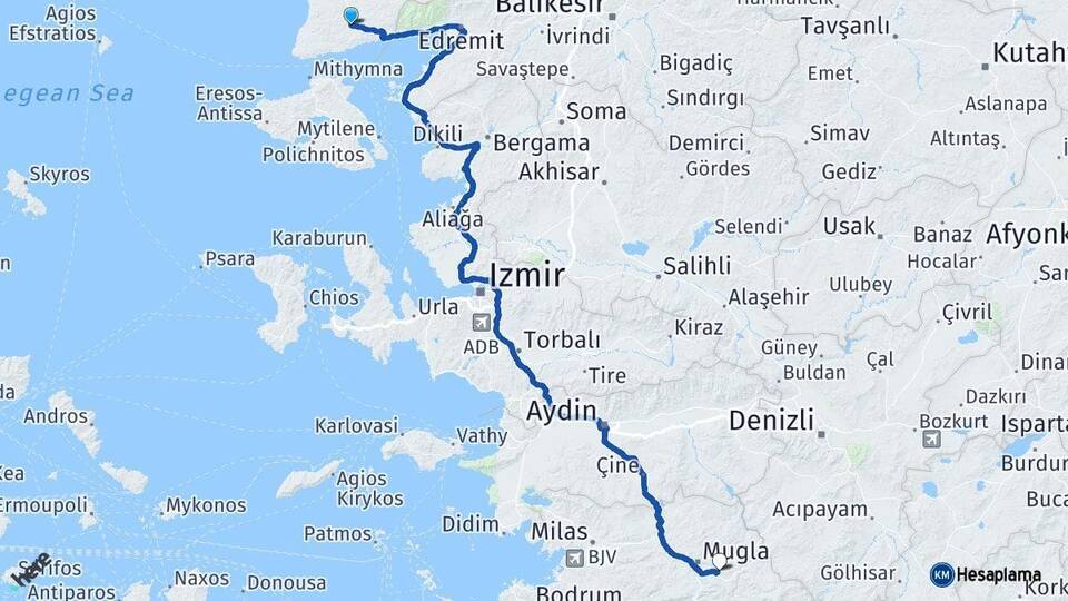 Çanakkale Ayvacık Muğla Arası Kaç Km - Yol Haritası