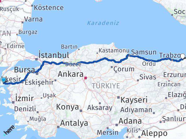 Çanakkale Ayvacık Rize Arası Kaç Km - Yol Haritası