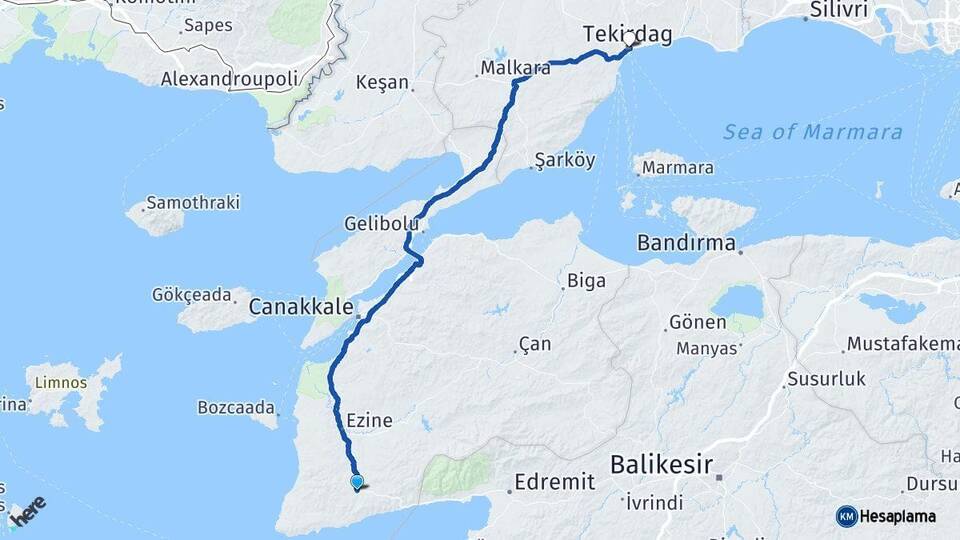 Çanakkale Ayvacık Tekirdağ Arası Kaç Km - Yol Haritası