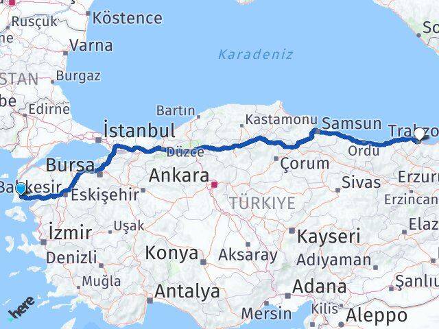 Çanakkale Ayvacık Trabzon Arası Kaç Km - Yol Haritası