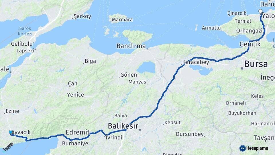Çanakkale Ayvacık Yalova Arası Kaç Km - Yol Haritası