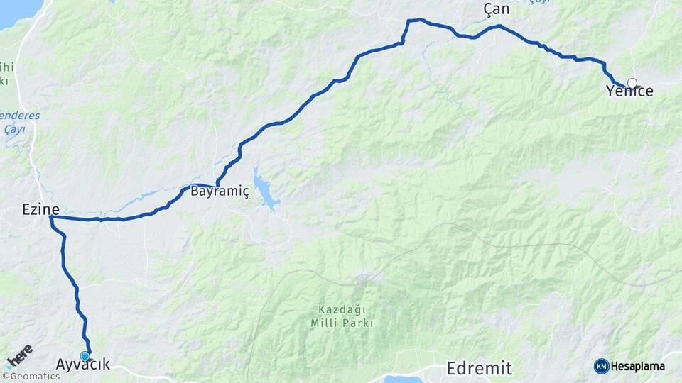 Çanakkale Ayvacık Yenice Arası Kaç Km - Yol Haritası